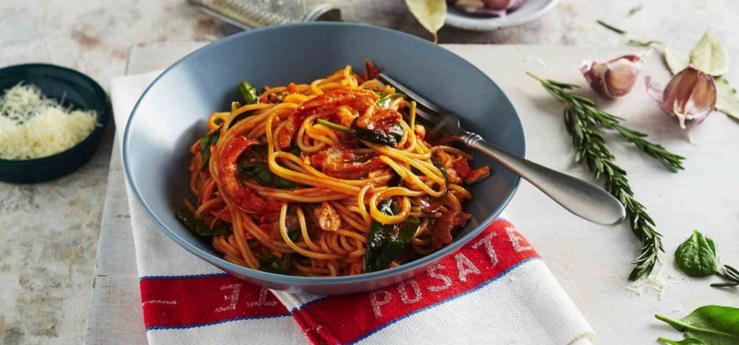 tomato chicken and baby spinach spaghettini