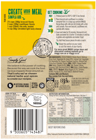 MAGGI Cheesy Broccoli & Cauliflower Bake Side Dish Serves 6 - Back of Pack