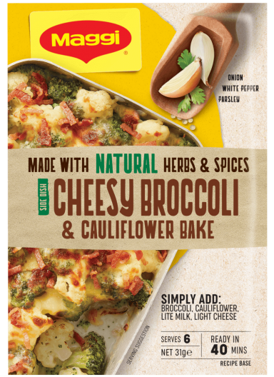 MAGGI Cheesy Broccoli & Cauliflower Bake Side Dish Serves 6 - Front of Pack